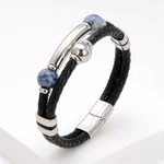 Men Classic Stainless Steel Leather Rope Bracelet Round Stone Charm. Fixed Price $21.00.
