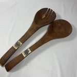 Hand Crafted Wood Inlaid African Salad Servers - 11.5 2 Pieces Brown. Fixed Price $9.38.