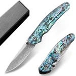 Omesio Damascus Pocket Knife Folding Blue Abalone Handle Japan.... Fixed Price $64.62.