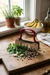 Vintage Red Handle Double Blade Mezzaluna Herb Chopper Stainless Steel Rocker. Fixed Price $24.95.