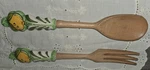 Italy Ceramic Floral Handle Wood Salad Server Set Spoon Fork 10IN. Fixed Price $15.00.