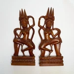 Set Of 2 Apsara Dancers Hand Carved Wooden Female Goddess Figures. Fixed Price $110.00.