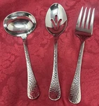3 Pcs Serving Utensil Set Ginkgo Lafayette Stainless 18/0 Hammered Fork, Spoons. Fixed Price $25.00.