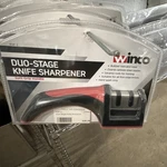 Winco Duo-stage Knife Sharpener KSP-2 Soft Grip Handle Pull-through Black/red. Fixed Price $25.00.