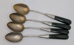 Set Of 4 Antique English Gilt Sterling Silver And Jade Spoons, Dated 1909. Fixed Price $194.95.
