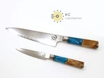 1X Fukep 8" Chef's Knife 5" Utility VG-10 Damascus Steel Blue Resin. Fixed Price $49.99.