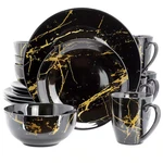 Elama Gilded Stone 16 Piece Porcelain Dinnerware Set Black With Gold Veins. Fixed Price $70.76.