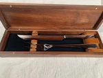 New Wusthof 2 Piece Stainless Steel Carving Set With Walnut Box/ Case. Fixed Price $45.00.