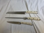 Cangshan 3 Piece Knife Set White No. 59700, 59779, And Sharpener Honer. Fixed Price $45.00.
