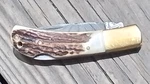 Etched Pattern 4" Damascus Lock Back Knife, 3" Drop Pt. Bl Stag Handles In Box. Fixed Price $29.99.