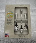 1990 New Vintage Oneida Stainless 3-PIECE Baby Set Love Lasts Fork & Spoons. Fixed Price $18.99.