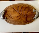 Bruce Fox Oval Wood Cutting Serving Tray W/juice Groove Metal Fish Handles. Fixed Price $75.00.