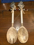 Vagabond House Acorn & Oak Leaf Pewter And Acacia Wood Salad Server Set. Fixed Price $40.00.