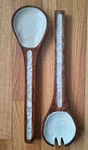 Vintage Julia Knight Mango Wood Salad Server Set Mother Of Pearl Inlay 12". Fixed Price $35.00.