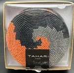 Tahari Home Round Beaded Coasters Set Of 6 Swirl Pattern Orange Black Silver New. Fixed Price $22.00.