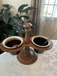 Vintage Brown Drip Glaze Pottery Condiment W/wood Server Stand Spreaders Mcm. Fixed Price $14.50.