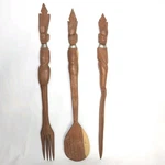 Vtg African Tribal Folk Art Fork Spoon Knife Hand Carved Wood Salad Set 16". Fixed Price $12.00.