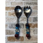 Stainless Steel Salad Servers Glass Bead Handles Blue Red Clear 2 Piece Set. Fixed Price $24.00.