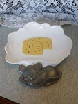 Vintage White Pottery Cheese Plate Complete Sleeping Mouse & Read. Fixed Price $11.00.