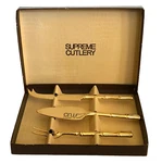 Supreme Cutlery Serving Set Gold Bamboo Cheese Server Knife Fork Vintage Mcm. Fixed Price $31.99.