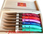 Claude Dozorme Laguiole French Pink Red Blue Green 6 Steak Knife Set Gift Box. Fixed Price $230.00.