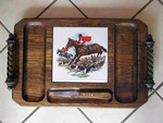Vintage Cheese Tray Wood & Ceramic Tile Serving Plate W/knife Fox Hunt Horse. Fixed Price $29.99.