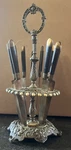 Signed Antique Victorian Set Bronze Bladed Fruit Knives In Ornate Gilded Stand. Fixed Price $185.00.