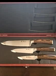 Wakoli Edib 3-PIECE Damascus Kitchen Knife Set In Wooden Gift Box Open. Fixed Price $49.95.