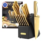 Kitchen Knife Sets Titanium Stainless Steel With Block & Sharpener Mccook Golden. Fixed Price $179.99.