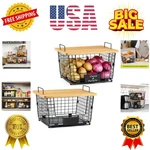 2 Set Xxl Stackable Wire Basket With Bamboo Tops & Tag- Pantry Organizer And .... Fixed Price $76.99.