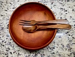 Vintage Handcrafted Solid Cherry Wooden Bowl With Salad Servers Set. Fixed Price $69.00.