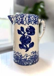 Antique Blue & White Handmade Pottery Pitcher 9 Tall Floral Stoneware Farmhouse. Fixed Price $44.50.