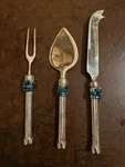Vintage Beaded Handle Cheese Serving Set 3 Piece Appetizer Knife Fork Spreader. Fixed Price $12.99.