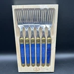 Jean Dubost Laguiole 6 Dinner Forks Set France Bee Blue Gold Wooden Box Rare Vtg. Fixed Price $149.00.