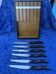 Ekco Mcm 1950 +/- Arrowhead 6 Piece Art Deco Steak Knife Set W/ Wall Block. Fixed Price $34.99.