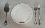Mud Pie & Mrs White Plate And Fork Set Happy Everything Cake Server. Fixed Price $20.00.