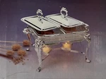 Silverplated Serving Platter Food Warmer New, 2 - 1.5 Qt Oblong Glass Bowls. Fixed Price $34.99.