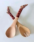 Wooden Giraffe Serving Set Hand Carved African Safari Salad Servers Spoon Fork. Fixed Price $17.25.