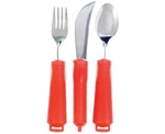New 3 Piece Easy Grip Red Flatware Set, Bendable Built Up Fork, Knife, And Spoon. Fixed Price $19.99.