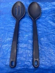 Vintage Pyrex Accessories 2102-2 Solid & Slotted Spoon Dark Blue 11.5. Fixed Price $22.00.
