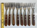 8 Washington Forge Town & Country 7" Vintage Mcm Wooden Handles Salad Forks Set. Fixed Price $65.00.