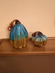 Pier 1 Crackle Glass Pumpkins W/twisted Stems - Amber, Gold, Teal Blue, Set Of 2. Fixed Price $17.49.
