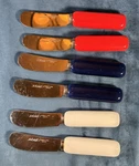 6 Vintage Lord And Taylor Cheese Knives Red White Blue Made Japan 5". Fixed Price $12.00.