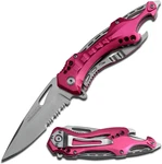 Folding Pocket Knife, 3.25-INCH Serrated Blade, Pink Aluminum Handle, 7.75-INCH. Fixed Price $27.73.