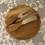 Wood And Stainless Steel Cheese Board Set With Knife Fork, Brown Silver. Fixed Price $8.00.