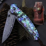 Omesio Damascus Pocket Knife With Leather Sheath Folding Blue .... Fixed Price $68.07.