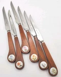 Vtg Steak Knives Set Of 6 Pierre Alain Stainless Serrated Wooden Handle Knife. Fixed Price $44.00.