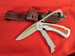 Leatherman Steens S30V Hunting Survival Knife Tool Gut Hook Saw Sharpener Sheath. Fixed Price $360.00.
