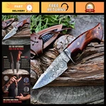 Bigcat Roar Damascus Steel Fixed Blade Hunting Knife With Leather Sheath. Fixed Price $92.99.