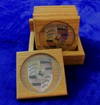 Set Of 6 Wooden Porsche Crest Coasters With Stand Accessory. Fixed Price $49.95.